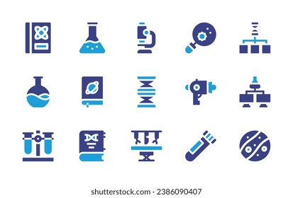 Wissenschaftssymbol gesetzt. Duotonfarbe. Vektorgrafik. Enthält Wissenschaftsbuch, Mikroskop und, Chirurgie-Roboter, Kolben, DNA, Blaster, Teströhre, Virus, Astronomie, Buch, Teströhren, Transfer, Quecksilber.