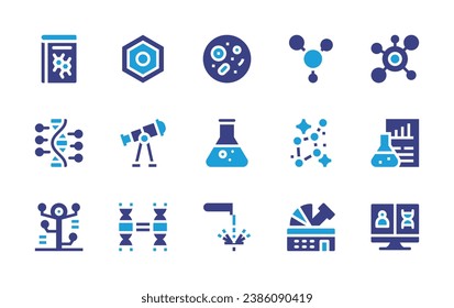 Science icon set. Duotone color. Vector illustration. Containing science book, petri dish, chemical, corrosive, cell, molecule, constellation, observatory, molecules, telescope, twins, phylogenetics.