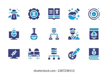 Science icon set. Duotone color. Vector illustration. Containing science fiction, data science, potion, scientist, petri dish, astronomy, book, dna structure, biomass, car, ufo, virtual lab.