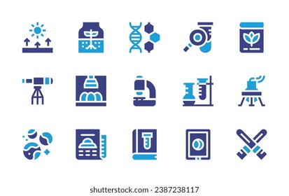 Wissenschaftssymbol gesetzt. Duotonfarbe. Vektorgrafik. Enthält und, Mikroskop, Wissenschaftsbuch, Suche, medizinisches Labor, Tablette, Biologie, Kolben, Lichtschwert, Keim, Inkubator, Zeitung, Refraktion.