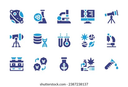 Science icon set. Duotone color. Vector illustration. Containing telescope, investigation, corrosive, chemistry, dna, cloning, microscope, biology, saturn, test tube, solar system.