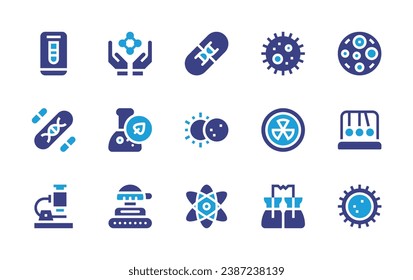 Science icon set. Duotone color. Vector illustration. Containing pendulum, cell, biology, tank, gene therapy, eclipse, atom, microscope, virus, nuclear, flask, molecule, fat cell, virtual lab.