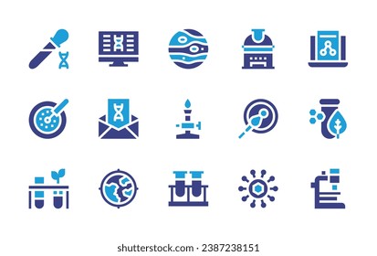 Science icon set. Duotone color. Vector illustration. Containing mercury, bunsen burner, experiment, observatory, fertilization, virus, computer, letter, focus, petri dish, microscope, pipette.