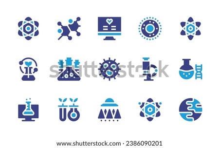 Science icon set. Duotone color. Vector illustration. Containing atom, flask, virtual lab, cell, chemicals, biology, health, ufo, microbiology, earth, bacteria, microscope, physics.