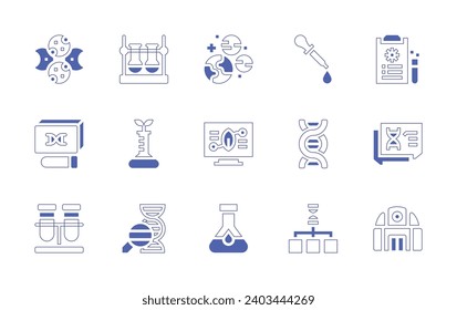 Science icon set. Duotone style line stroke and bold. Vector illustration. Containing planets, research, flask, pipette, dna, moon phase, dna test, blood, gmo, report, dialogue, observatory, chemical.
