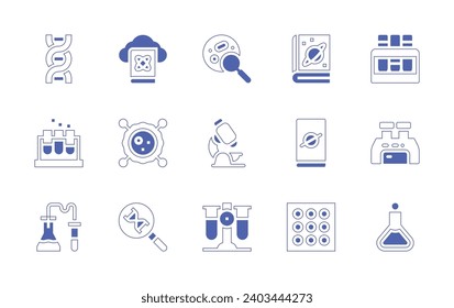 Conjunto de iconos de ciencia. Curso de línea de estilo duotónico y negrita. Ilustración vectorial. Con microscopio, microorganismo, tubos de ensayo, tubo de ensayo, adn, química, libro, calentador, experimentación, biblioteca en la nube.
