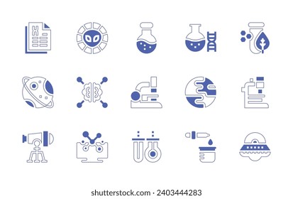 Science icon set. Duotone style line stroke and bold. Vector illustration. Containing flask, microscope, chemistry, research, microbiology, saturn, telescope, earth, ufo, alien, ai, virtual lab.