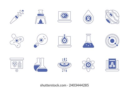 Science icon set. Duotone style line stroke and bold. Vector illustration. Containing orbit, uranus, demodex, amoeba, black hole, blood, flask, presentation, bunsen burner, virus, atom, plant cell.