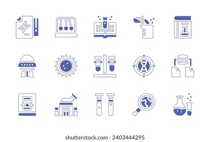 Science icon set. Duotone style line stroke and bold. Vector illustration. Containing science fiction, data science, science, pendulum, cell, observatory, book, test tube, test tubes, experiment.