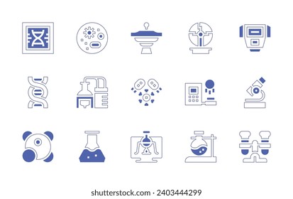 Science icon set. Duotone style line stroke and bold. Vector illustration. Containing dna structure, dna, metabolism, plasma ball, microscope, clone, test tube, flask, dog, petri dish, chemistry.