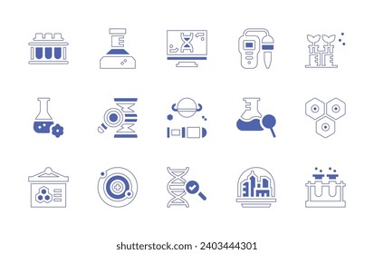 Wissenschaftssymbol gesetzt. Duotone Stil Linie Strich und fett. Vektorgrafik. Messgerät, Messkolben, Reagenzglas, Chemie, Aufmachung, Kolonie im Weltraum, Teströhren, Chemikalie, Molekül und Neutron enthaltend.