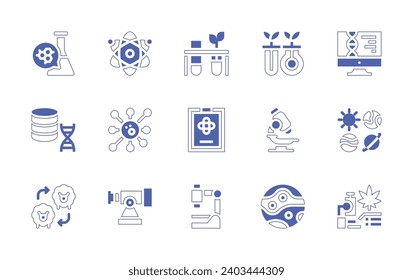 Science icon set. Duotone style line stroke and bold. Vector illustration. Containing biology, microscope, chemistry, dna, cloning, mars, solar system, physics, virus, telescope, clipboard.