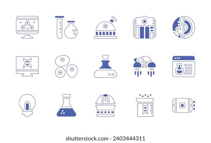 Conjunto de iconos de ciencia. Curso de línea de estilo duotónico y negrita. Ilustración vectorial. Conteniendo ciencia, hábitat espacial inflable, química, glóbulos rojos, adn, idea, observatorio, matraz, telescopio.