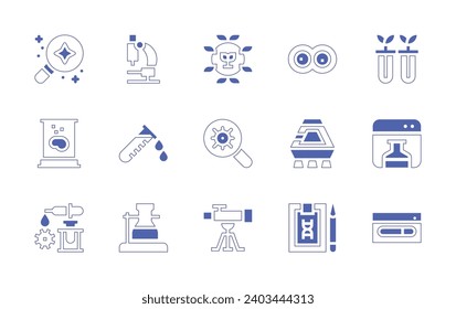 Conjunto de iconos de ciencia. Curso de línea de estilo duotónico y negrita. Ilustración vectorial. Conteniendo ciencia, carga, investigación, corrosión, matraz, cerebro, laboratorio médico, biología, bacterias, telescopio, división celular
