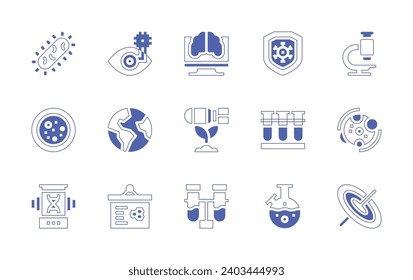 Wissenschaftssymbol gesetzt. Duotone Stil Linie Strich und fett. Vektorgrafik. Mikroskop, Metabolismus, Schwarzes Loch, Auge, Erde, Aufmachung, Petrischale, Bakterien, künstliche Intelligenz.