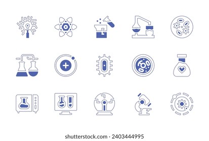 Science icon set. Duotone style line stroke and bold. Vector illustration. Containing chemical process, cell, microscope, plasma ball, chemistry, flask, bacteria, solar system, atom, neutron.