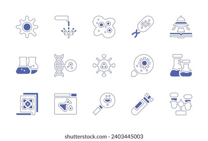Science icon set. Duotone style line stroke and bold. Vector illustration. Containing cell, chemical, scientific, corrosive, cancer, experiment, aliens, flasks, test tube, amoeba, virus, magnifying.