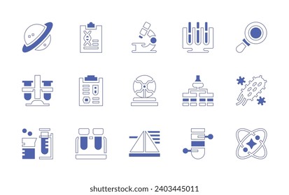 Science icon set. Duotone style line stroke and bold. Vector illustration. Containing saturn, chemistry, solar system, biology, clipboard, test tube, magnifying glass, bacteria, microscope, plasma.