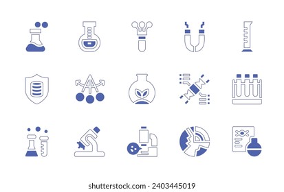 Science icon set. Duotone style line stroke and bold. Vector illustration. Containing chemical, data science, science, flask, pendulum, microscope, cylinder, test tubes, document, sprout, magnetism.