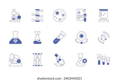 Wissenschaftssymbol gesetzt. Duotone Stil Linie Strich und fett. Vektorgrafik. Vollmond, Reagenzglas, Mikroskop, Sonne, keine Chemikalie, Röhre, Blut, Teströhren, genetische Flasche, Teleportation, Becherglas