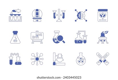 Wissenschaftssymbol gesetzt. Duotone Stil Linie Strich und fett. Vektorgrafik. Flasche, Reagenzgläser, chemisch, Gehirn, Labor, Biologie, Lichtschwert, Maunakea, Pappe, Molekül.