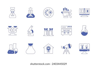 Science icon set. Duotone style line stroke and bold. Vector illustration. Containing test tube, flask, microscope, petri dish, experiment, online class, mechanical arm, ecological, test tubes, light.