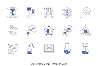 Science icon set. Duotone style line stroke and bold. Vector illustration. Containing atom, cell, flask, wormhole, microscope, genetic modification, ufo, magnifying glass, test tube, nanotechnology.