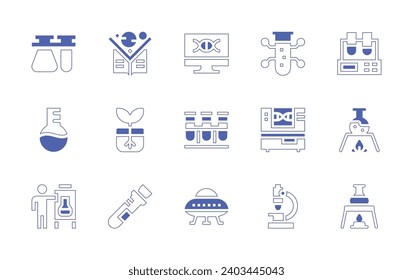 Science icon set. Duotone style line stroke and bold. Vector illustration. Containing flasks, laboratory, science fair, book, biology, test tube, testing, bunsen burner, dna, ufo, biotechnology, lab.