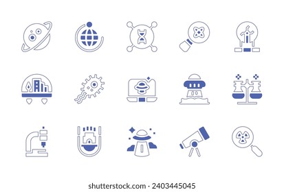 Science icon set. Duotone style line stroke and bold. Vector illustration. Containing science, ufo, telescope, plasma ball, planet, city, microscope, flask, toxicity, orbit, bacteria, space capsule.