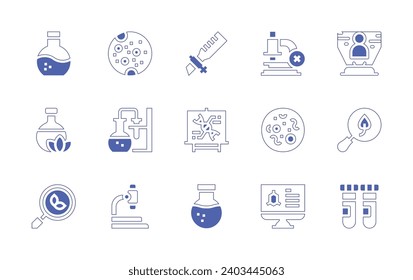 Science icon set. Duotone style line stroke and bold. Vector illustration. Containing flask, search, chemistry, microscope, pipette, test tube, dna, hologram, mars, bacteria, molecule.