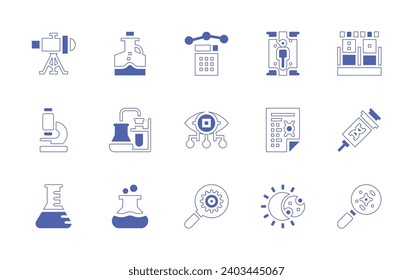 Wissenschaftssymbol gesetzt. Duotone Stil Linie Strich und fett. Vektorgrafik. Mikroskop, Chemie, Mischen, Kolben, Mathematik, Biotechnologie, Bakterien, Heilung, Teleskop, Auge, Blutprobe enthaltend