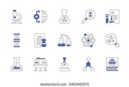 Science icon set. Duotone style line stroke and bold. Vector illustration. Containing flask, chemical, packing, research, atom, molecule, education, dna, experiment, magnifier, book, magnet, medical.