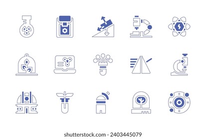 Science icon set. Duotone style line stroke and bold. Vector illustration. Containing observatory, gravity, biology, incubator, microscope, prism, flask, plant, telescope, atom, solar system, report.