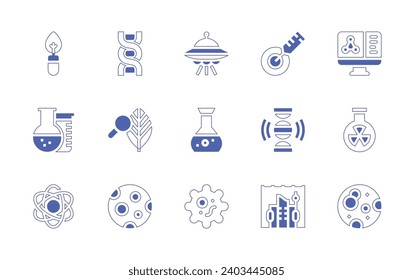 Science icon set. Duotone style line stroke and bold. Vector illustration. Containing virus, ufo, flask, underwater city, cell, genetics, leaf, atom, desktop, chemistry, full moon, dna, biology.