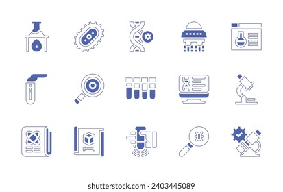 Conjunto de iconos de ciencia. Curso de línea de estilo duotónico y negrita. Ilustración vectorial. Con adn, tubo de ensayo, sacudida, computadora, parásito, matraz, periódico, ufo, microscopio, bacterias, búsqueda, prototipo, sitio web