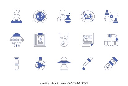Science icon set. Duotone style line stroke and bold. Vector illustration. Containing teacher, test tube, aliens, dna test, drops, flask, ufo, tube, astronomy, cell, research, space colonization.