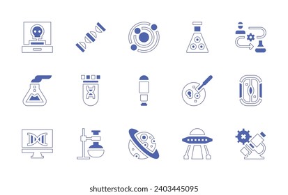 Conjunto de iconos de ciencia. Curso de línea de estilo duotónico y negrita. Ilustración vectorial. Con órbita, telescopio, saturn, placa de petri, ufo, antropología, matraz, computadora, sulfito, microscopio, adn, tubo de ensayo.