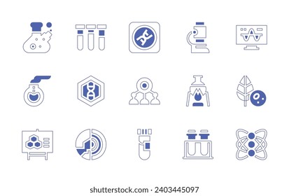 Science icon set. Duotone style line stroke and bold. Vector illustration. Containing dna, robot, test tube, experiment, flask, florence flask, biology, microscope, atom, layers, analysis, plant cell.