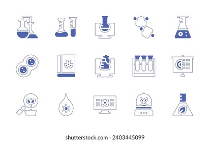 Science icon set. Duotone style line stroke and bold. Vector illustration. Containing molecular structure, test tubes, incubator, chemical, cell, research, test tube, slideshow, biology, chemistry.