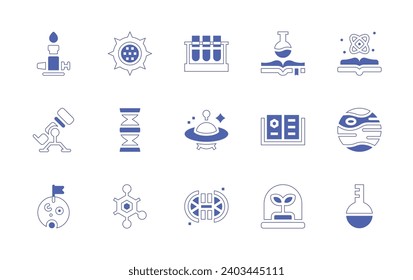 Science icon set. Duotone style line stroke and bold. Vector illustration. Containing science, chemistry, incubator, book, burner, telescope, moon, mercury, flask, virus, dna, structure, test tubes.