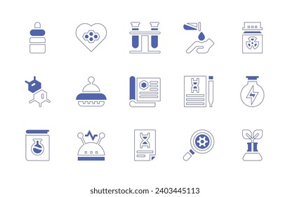 Science icon set. Duotone style line stroke and bold. Vector illustration. Containing corrosion, biology, nanotechnology, dropper, molecules, chemistry, test tube, chemical, biochemistry, bond, ufo.