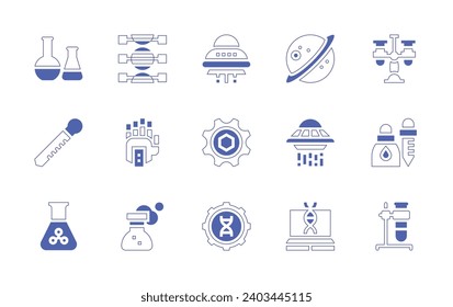 Science icon set. Duotone style line stroke and bold. Vector illustration. Containing saturn, ufo, genetic engineering, chemical, eyedropper, sulphite, test tubes, dna, mechanical, flask, engineering.