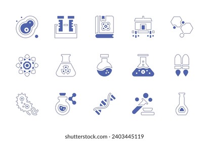 Science icon set. Duotone style line stroke and bold. Vector illustration. Containing molecular, jetpack, cell, test tubes, radiation, experiment, bacteria, atom, book, flask, house, dna.