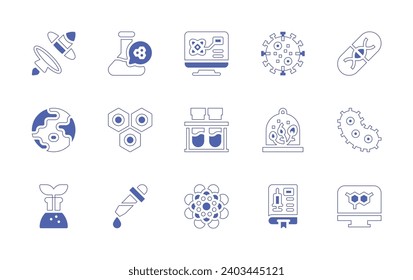Science icon set. Duotone style line stroke and bold. Vector illustration. Containing gene therapy, bacteria, portal, chemistry, nucleotide, book, biology, earth, computer, chemical, dropper, virus.