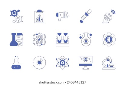 Wissenschaftssymbol gesetzt. Duotone Stil Linie Strich und fett. Vektorgrafik. Enthält Datenbanken, Kolben, Wissenschaft, Zellen, Spielzeugpistole, Gentherapie, Mikroskop, Pipette, Molekül, Teströhren, Atom, Satellit.