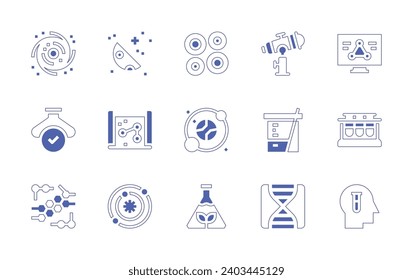 Science icon set. Duotone style line stroke and bold. Vector illustration. Containing science, half moon, map, chemical, galaxy, red blood cells, solar system, laboratory, telescope, beaker, dna.