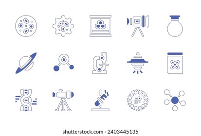 Science icon set. Duotone style line stroke and bold. Vector illustration. Containing science, book, molecule, cells, biology, planet, dna, telescope, microscope, test tube, ufo, virus.