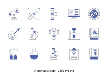 Science icon set. Duotone style line stroke and bold. Vector illustration. Containing science book, microscope, investigation, telescope, botany, bacteria, light bulb, dna, experiment, report.