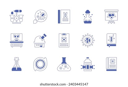 Science icon set. Duotone style line stroke and bold. Vector illustration. Containing science book, science, observatory, black hole, test, presentation, examine, clipboard, test tube, book, day.