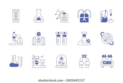 Science icon set. Duotone style line stroke and bold. Vector illustration. Containing dna, microscope, chemistry, flask, lab, time machine, planet, chemical, test tube, clipboard, plant, eluent.